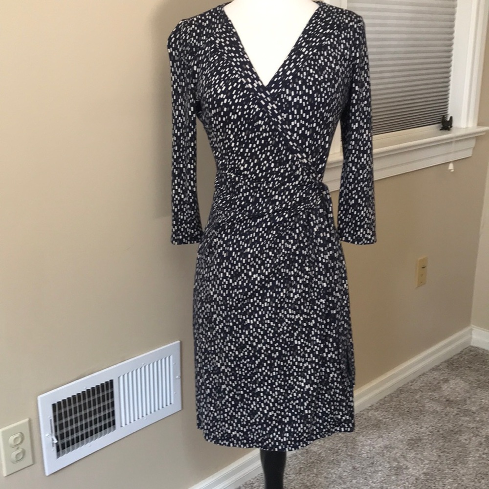 Ann Taylor Navy Blue Beige Fleck V-neck True Wrap 3/4 Sleeve Dress Sz Small